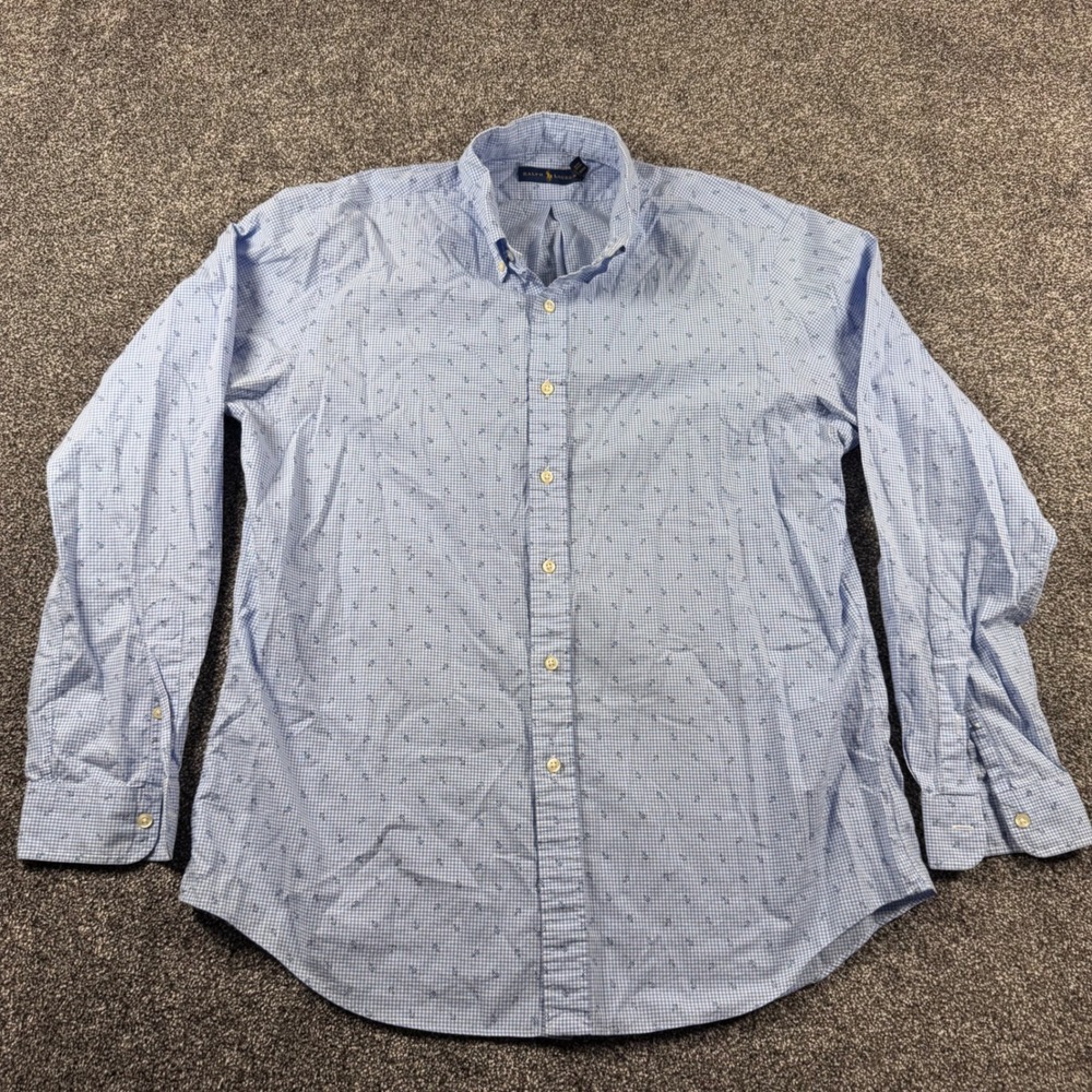 Polo Ralph Lauren Button Down Shirt Large Blue Gingham Anchor Print Long Sleeve - Picture 3 of 6